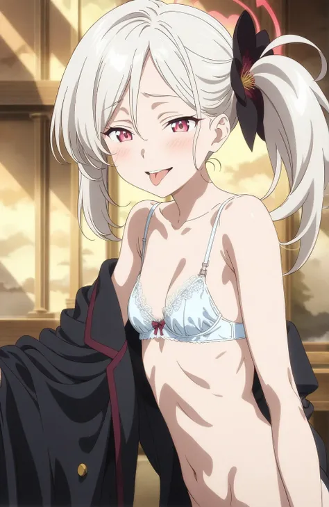 best quality, amazing quality, very aesthetic, absurdres, (1girl, mutsuki, blue archive, solo, red eyes, white hair, side ponytail), (realistic face:0.9),(lace-trimmed bra:1.8),dress lift, (grin, blush, thigh:1.3), (cowboy shot), (glistening eyes), (half c...