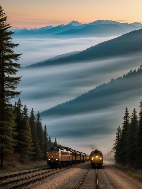 The image you describe suggests an atmosphere of mystery and natural beauty. Imagine a train slowly traveling along the tracks that wind through mountains shrouded in fog. Mountains appear as dark, imposing silhouettes, with the fog creating a mysterious a...