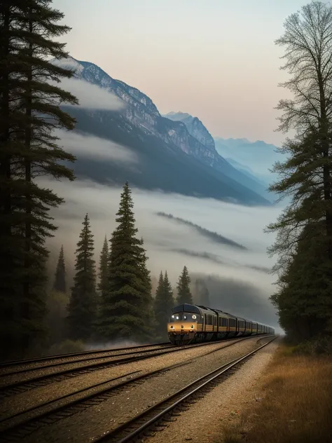 The image you describe suggests an atmosphere of mystery and natural beauty. Imagine a train slowly traveling along the tracks that wind through mountains shrouded in fog. Mountains appear as dark, imposing silhouettes, with the fog creating a mysterious a...