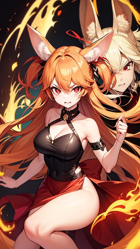 An adult woman, half fennec fox, fiery hair, red eyes, large breasts, very angry, holding a bow