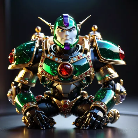 Netsuke Buzz Lightyear collectible, Meticulously crafted by master jewelry craftsmen for auction., platinum and scarlet gold materials, adorned with emerald, Murano glass, and diamonds, neon atmosphere, abstract black oil accents, mecha gear motifs, with a...