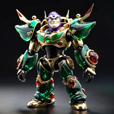 Netsuke Buzz Lightyear collectible, Meticulously crafted by master jewelry craftsmen for auction., platinum and scarlet gold materials, adorned with emerald, Murano glass, and diamonds, neon atmosphere, abstract black oil accents, mecha gear motifs, with a...