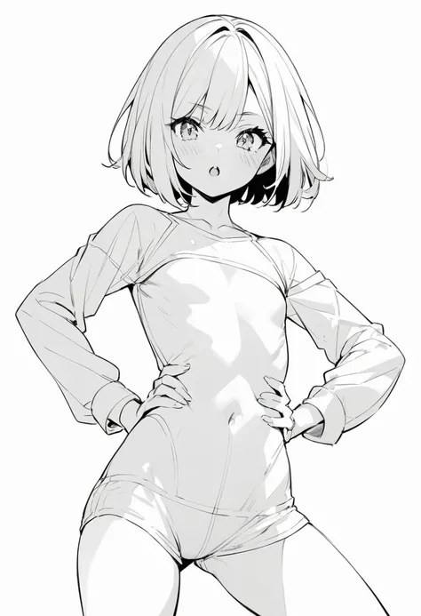 best quality , monochrome , lineart,1girl, bob cut, flat chest , short hair , , hand on hip, looking at viewer,open mouth,white background. 