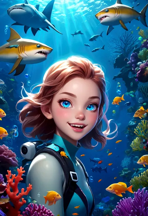 a beautiful girl with shark-like features, interactive，game，interesting，Bubbles，glowing blue eyes, sharp teeth, Fangs，scaly skin, floating in an underwater fantasy scene with kelp, coral, and schools of tropical fish, detailed realistic 3d render, cinemati...