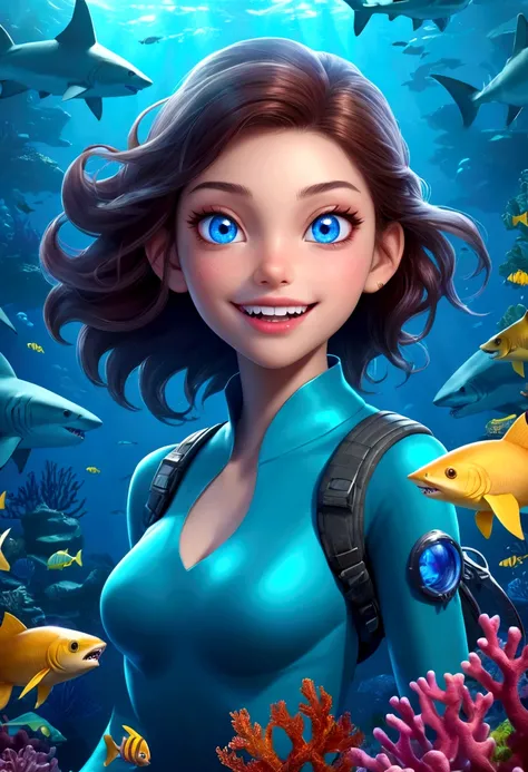 a beautiful girl with shark-like features, interactive，game，interesting，Bubbles，glowing blue eyes, sharp teeth, Fangs，scaly skin, floating in an underwater fantasy scene with kelp, coral, and schools of tropical fish, detailed realistic 3d render, cinemati...