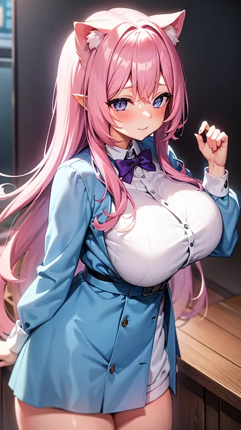 Pastel colors Student Cat-eared girl Pink hair Light purple eyes Blue eyes Blushing Huge breasts Standing figure