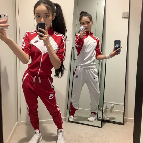 A woman is taking a selfie in the mirror, Wear athletics clothing, Nike Cycling Suit, red Sportswear, sporty, wearing a tracksuit, Sportswear, red、white, Sportswear, 🔞🤡, redとwhite, かわいいSportswear, 🚿🗝📝, Full body photo, photo from the olympic games