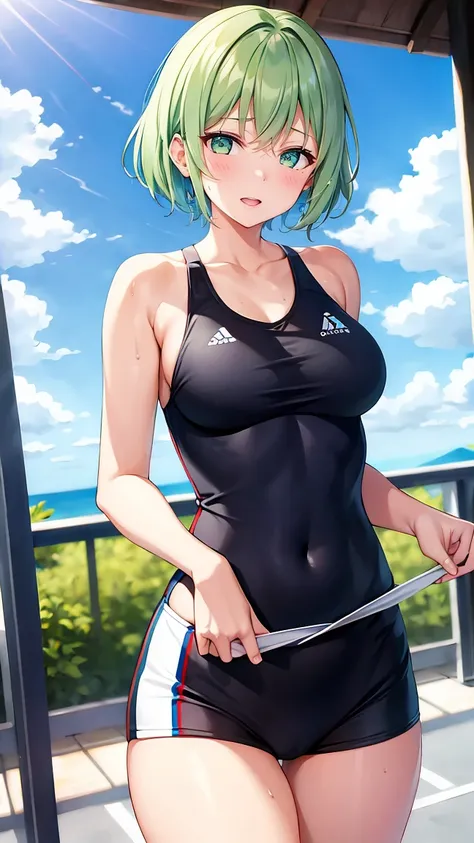 Girl with short green hair, Small size breasts,、Green Eyes, 、,Full body photo from head to toe、Track and field athlete、、、Uplifting、Leaning forward、、walk short distance、100 meter dash、A toned and toned body、Desperate、Sweat、Uplifting、A moving picture、