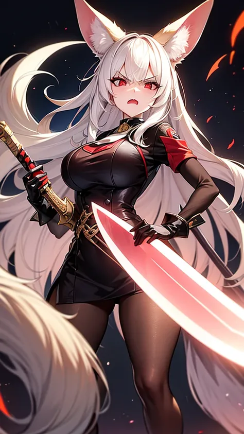 An adult woman, half fennec fox, white hair, red eyes, large breasts, very angry, holding a sword