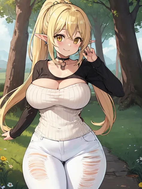 masterpiece, best quality, highres, ((Slim thicc waifu:1.3)), large breasts, elf, yellow eyes, blonde hair in short high ponytail, (black choker), (White sweater), jewelry, (ripped skinny jeans), long sleeves, cowboy shot, standing, field, smile, hands on ...