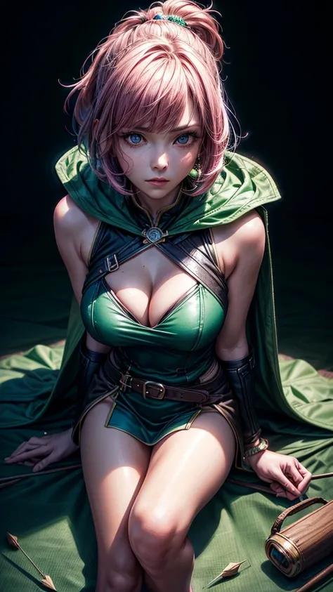 a determined female archer with pink hair and bangs, square cut hairstyle, big blue eyes, arrow holder on the back, wearing a short sleeveless green dress, green cape, barefoot, big leather belt, (best quality,4k,8k,highres,masterpiece:1.2),ultra-detailed,...