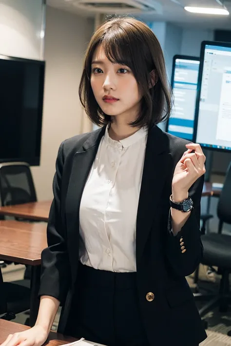 A woman with short blonde hair and blue eyes、Presentation in modern office conference room。She wore a professional black pantsuit and、Wearing a white shirt。There is a big screen and a projector in the background.、Business documents are displayed。She spoke ...