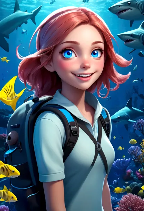 a beautiful girl with shark-like features, interactive，game，interesting，Bubbles，glowing blue eyes, sharp teeth, Fangs，Shark Backpack，scaly skin, floating in an underwater fantasy scene with kelp, coral, and schools of tropical fish, detailed realistic 3d r...