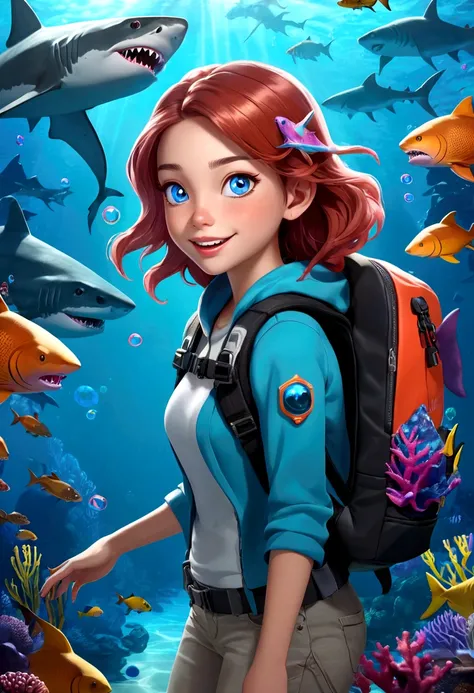 a beautiful girl with shark-like features, interactive，game，interesting，Bubbles，glowing blue eyes, sharp teeth, Fangs，Shark Backpack，scaly skin, floating in an underwater fantasy scene with kelp, coral, and schools of tropical fish, detailed realistic 3d r...