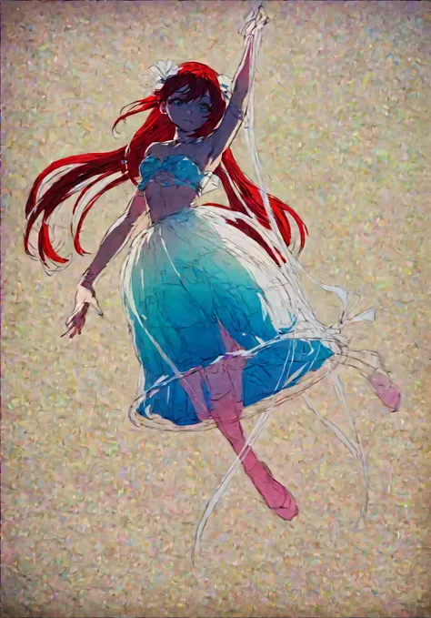 A woman with red hair floating in the sky, sketch-like art style, a surreal floating mass of a dress, a jellyfish priestess, she is levitating, Clip Studio Paint, color sketch, she has red hair, by Ai-Mitsu, [conceptual art]!!, full body, anime-style, anim...