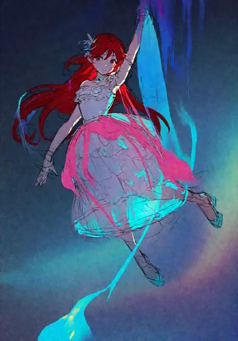 A woman with red hair floating in the sky, sketch-like art style, a surreal floating mass of a dress, a jellyfish priestess, she is levitating, Clip Studio Paint, color sketch, she has red hair, by Ai-Mitsu, [conceptual art]!!, full body, anime-style, anim...