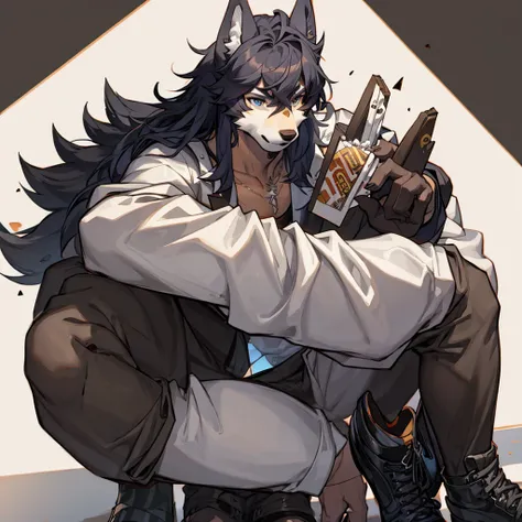 male wolf, black hair, chocolate colored eyes, white suit