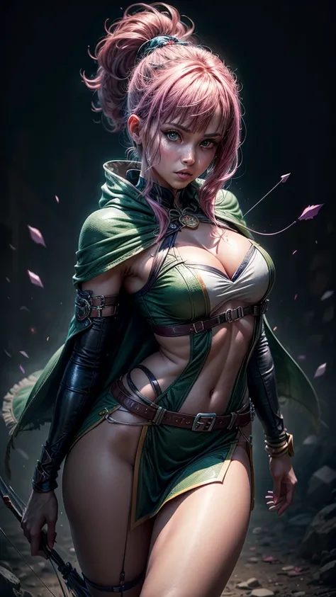 a determined female archer with pink hair and bangs, square cut hairstyle, big blue eyes, arrow holder on the back, wearing a short sleeveless green dress, green cape, barefoot, big leather belt, (best quality,4k,8k,highres,masterpiece:1.2),ultra-detailed,...