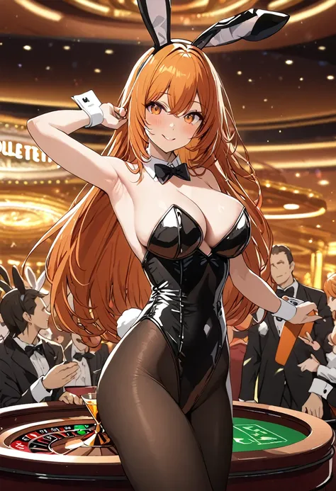 1 woman, solo, tall woman, long orange hair, straight hair ,orange eyes, (Full Breasts), (cleavagte:1.3), (armpit:1.3),(midriff peek:1.3), High Height,masterpiece, high resolution, shiny, full body, beautiful,A cute smile that makes the viewer happy, highl...