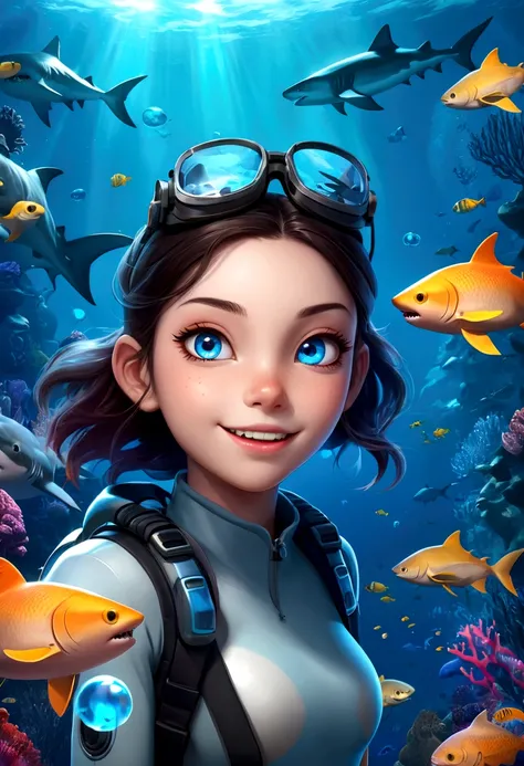 a beautiful girl with shark-like features, interactive，game，interesting，Bubbles，glowing blue eyes, sharp teeth, Fangs，Shark diving oxygen tank，scaly skin, floating in an underwater fantasy scene with kelp, coral, and schools of tropical fish, detailed real...