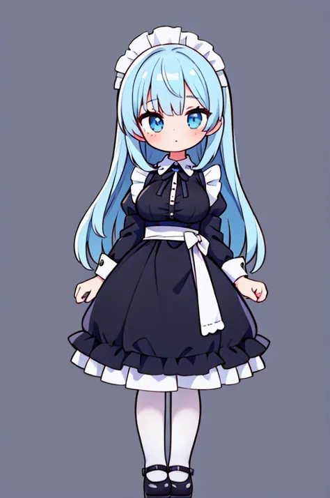 1 girl,maid clothes,light blue long straight,eyes light blue,pupil black,big breasts,full body,front facing,background simple