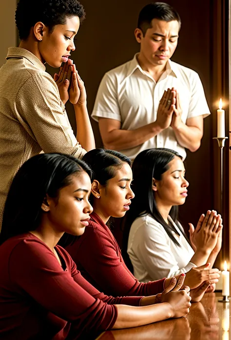 People engaged in prayer, depicting diverse individuals praying earnestly with expressions of faith and hope. realist