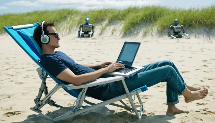 A man resting in a beach chair, ahead there is a robot with a computer typing