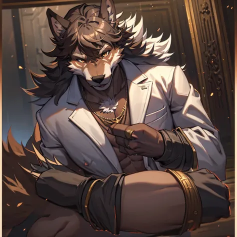 a muscular furry werewolf, black fur, chocolate brown eyes, wearing a white suit, detailed face and body, photorealistic, 8k, ma...