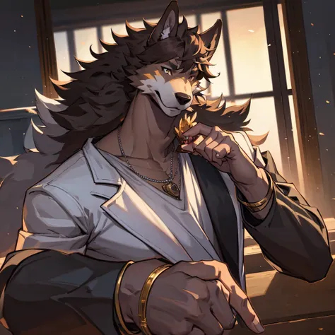 A muscular furry werewolf, black fur, chocolate brown eyes, wearing a white suit, detailed face and body, photorealistic, 8k, masterpiece, cinematic lighting, highly detailed, realistic textures, cinematic composition, dramatic lighting, moody atmosphere