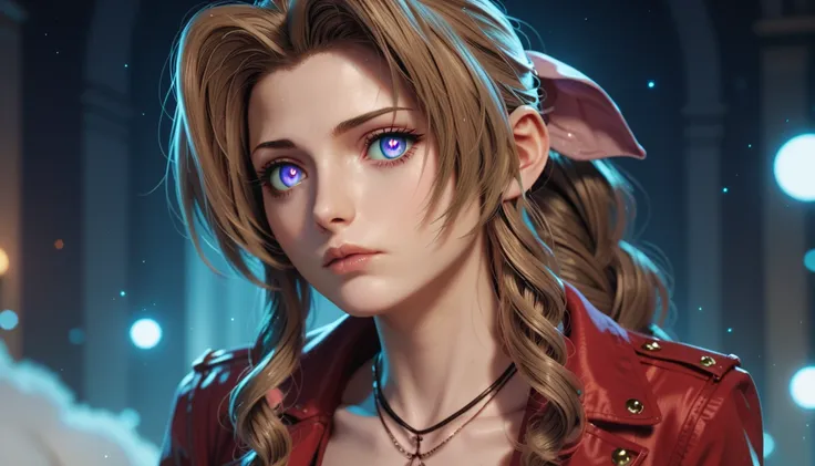 glowing pink pupils,purple eyed aerith,no pupils,expressionless,womb tattoo