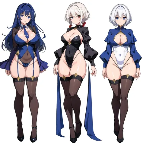 3 girls, variety of hairstyles, ((white background)), (((full body))), multiple views, dragon horn,  thong, shrug, leotard, cleavage, short tie,