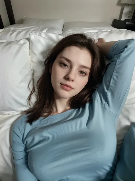 Selfie, Ultrarealistic, (pale skin), dark brown hair, blue long sleeve top, upper body, hotel room, (selfy with front camera), laying down on bed, head on pillow