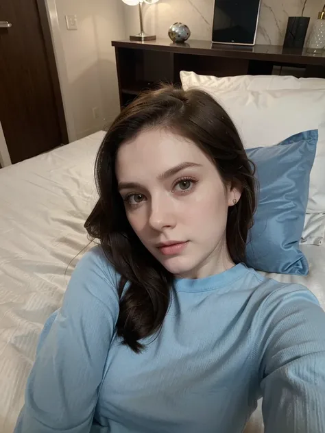 Selfie, Ultrarealistic, (pale skin), dark brown hair, blue long sleeve top, upper body, hotel room, (selfy with front camera), laying down on bed, head on pillow