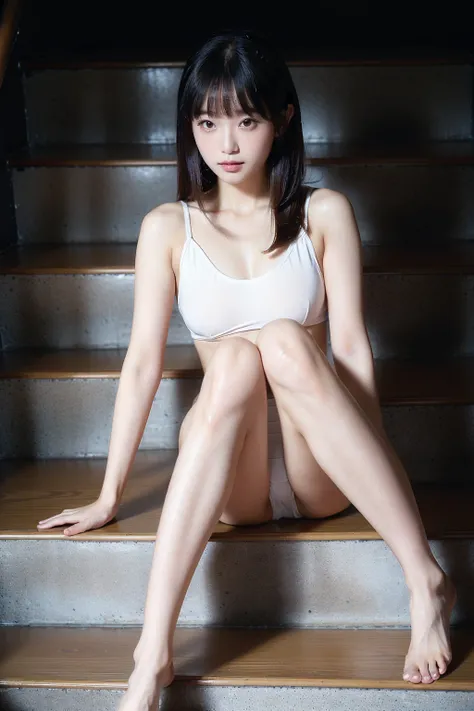 1girl, moyou, Young Gravure Idol, White skin, Bangs hairstyle, School Swimsuit, Sitting on the stairs in the room