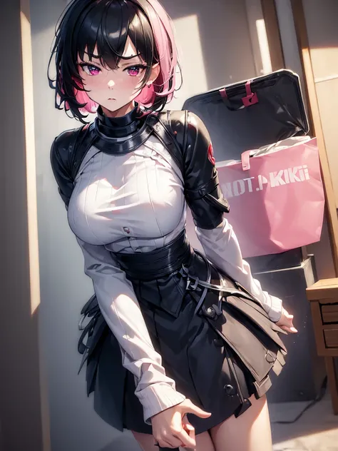 (masterpiece, best quality:1.4), 8k, Ellen Joe Black Short Hair, Red Highlights, Young adult, anime girl, Annoyed, Glaring, mad, light Pink eye, Big chest, White Sweater, Black Skirt (detailed eyes and face, sharp pupils, realistic pupils:0.6)