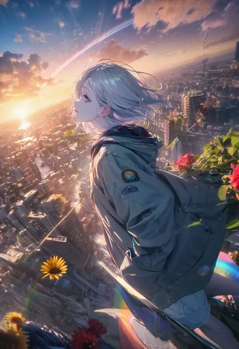 Angelic, detailed woman, sunrise, rainbow, After the Rain, horizon, In the sky, city , Lens flare, colorful,coat, Put your hands in your pockets,(student, 18-year-old, ＪＫ, Her short silver hair sways, Pale skin,) Look up at the sky, Beautiful sky, The scen...