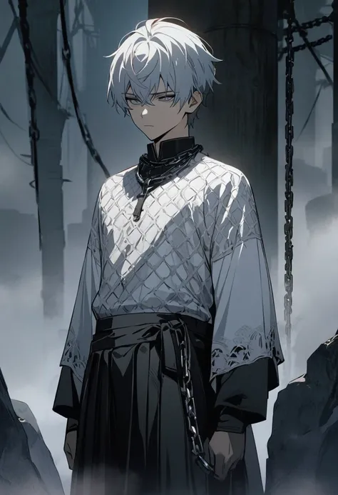 One boy, masterpiece, top quality, handsome boy, expressionless, white mesh, black hakama, chains, in the fog, looking down, anime