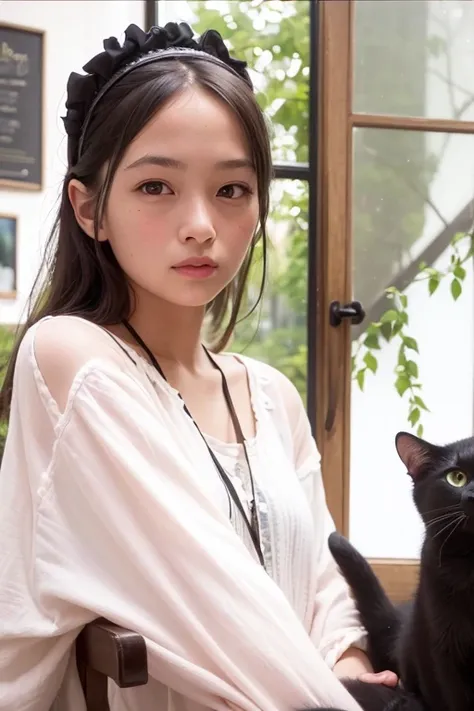 a masterpiece portrait of a beautiful young girl with a small face and a cute expression with a black cat, wearing a red headband, in a , shot with a DSLR camera, high-quality 8k UHD image with realistic skin details, detailed facial features, rim lighting...