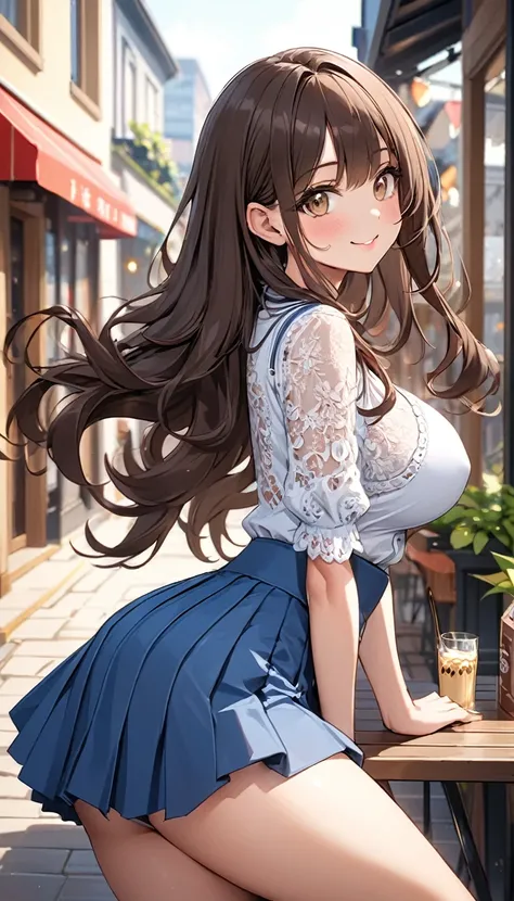 masterpiece, Highest quality, Very detailed, ,Fine details, Anime Style, One Girl, 22 years old, Cute face、bangs, Large Breasts、Big Ass、Tight waist、Buckshot、Long Hair、Beautiful Eyes、Dark brown hair, Shiny Hair, Light brown eyes、cowboy shot, Look at the pho...