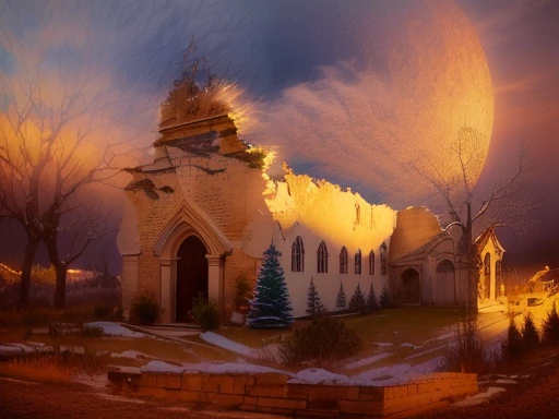 there is a small church with a christmas tree in front of it, tx, san mumford, a wide full shot, saint, historical setting, by Robert Lee Eskridge, historic, grotto, ruins around, full - view, destroyed church, very ornate, church, by Linda Sutton, quarter...