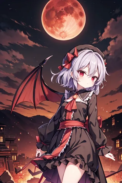 Remilia in black clothes and black hat, Touhou Project Remilia standing on the top of the ruined church，Blood Moon，Behind him stood Sakuya Izayoi in a black robe