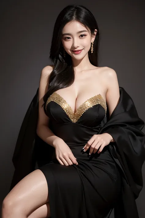 Girl wearing black and gold evening dress with big breasts sexy，The smile is sweet，Blank Background