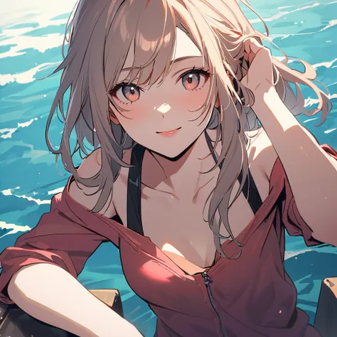 (best quality, masterpiece, ultra highres, ultra-detailed:1.2) ,anime girl walking on water,calm wave,summer sea,happily expression,hands in my pocket,refreshing breeze,seagull,cumulonimbus,Sunny,(artgerm and atey ghailan, artstyle : ilya kuvshinov), 