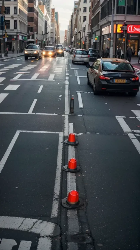 "A busy street during the day, with speeding cars passing by. in the middle of the street, a person crosses distracted, looking at cell phone in hand, without realizing the imminent danger. Traffic lights are red for pedestrians, and a car approaches quick...