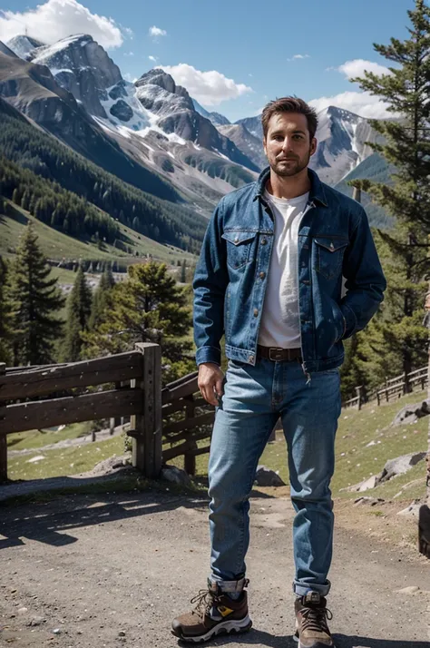 A 30 year old man is standing in the mountains holding a camera wearing a jeans jacket and jeans with mountain shoes. Realistic 3d background of mountains and big trees 