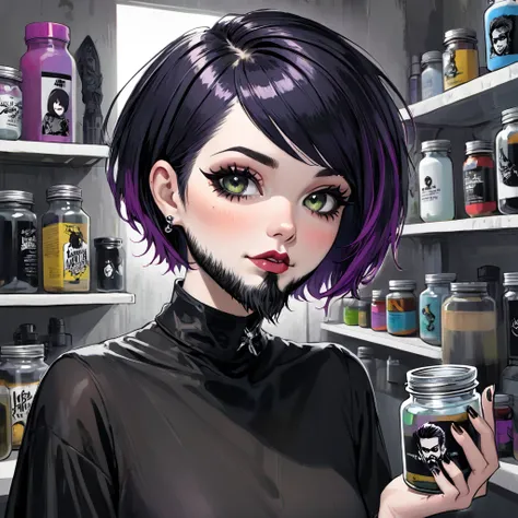 bearded woman, short hair, punk goth style, receives a jar of minoxidil