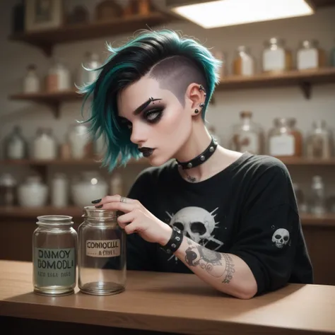 bearded woman, short hair, punk goth style, receives a jar of minoxidil