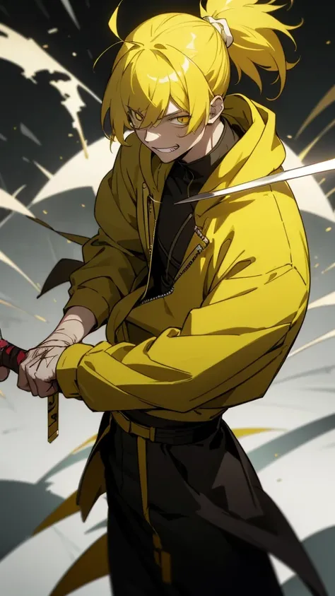 boy, yellow hair tied in a ponytail, reflective yellow eyes, holding a dagger, q shaped dagger, bloodied clothes, battle grin, modern clothing, hoodie, wounded, 