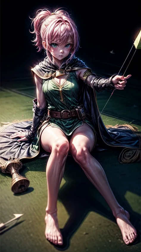 a girl with pink hair in bangs, square cut, determined facial expression, big blue eyes, arrow holder on her back, wearing a green short sleeveless dress, green cape, bare feet, big leather belt, arrows on the ground, bow pose on the floor, sitting on the ...