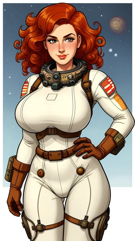 dieselpunk, pretty woman, curly ginger hair, freckles, large breasts, rubenesque, dieselpunk, space suit, white background, blank background, pinup. 